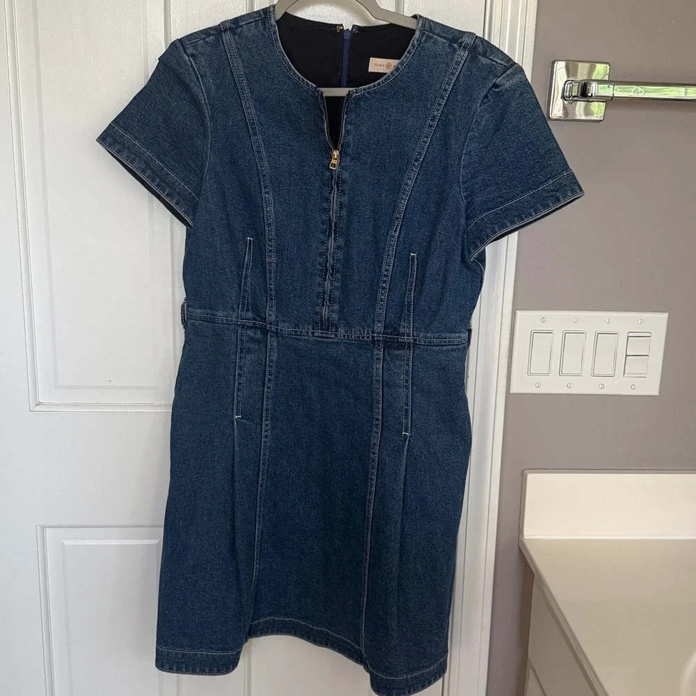 Tory Burch Nadia Denim Blue Dress Zip Front Mini Short Sleeve Pockets